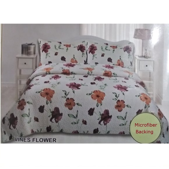 Floral Bedspread Set 3 Piece Quilt Set - Queen & King Size Luxury Velvet - Picture 3 of 3